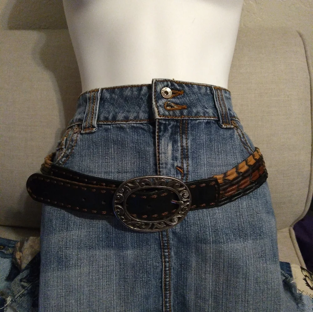Brighton Multistrand Leather Belt- Tan Brown Black Silver Filigree Buckle sz. 34
